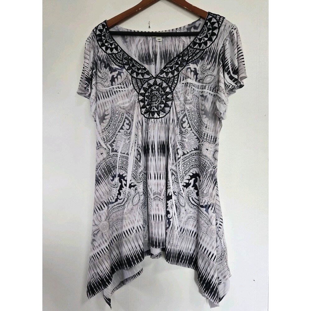 World Unity Top Womens 1X Tunic Embellished Boho Festival Hippie Artsy Granola